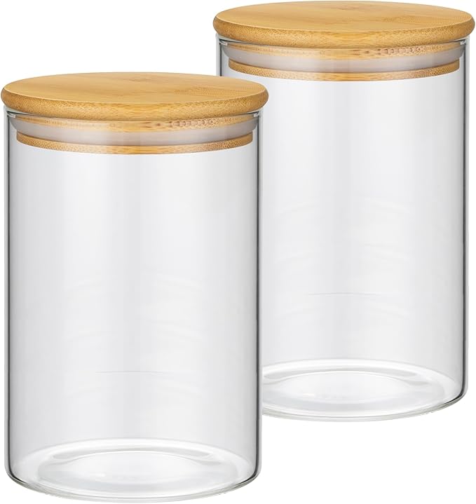 2PCS Glass Storage Jars with Airtight Lids,32 fl oz (950ml) Cute Clear Storage container with bamboo Lid,Glass Pantry Canister for Beans, Rice,Sugar,Cookie Coffee (N-Clear-2PCS-32FL OZ/950ML)