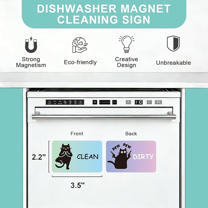 Funny Black Cat Clean Dirty Dishwasher Magnet - Cute Refrigerator Kitchen Magnet, Non-Scratch Strong Double Sided Washing Machine Sign, Housewarming Gifts for Cat Lovers, Home Apartment Essentials (Macron Color)