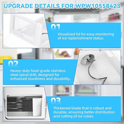 Upgraded WPW10558423 Ice Container (Ice Bin) Compatible with Whirlpool, Kenmore, Maytag, Amana, and IKEA refrigerators