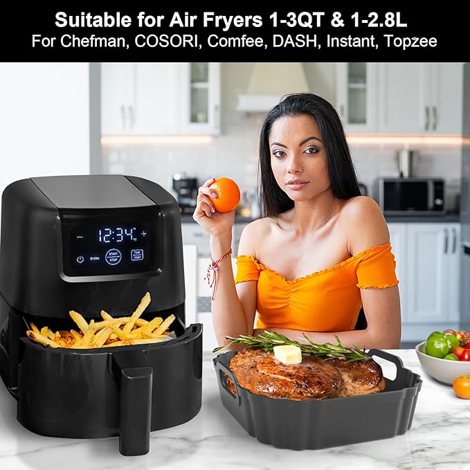 6.2-Inch Small Mini Square Silicone Air Fryer Liners 2 Pack for Chefman Mini, DASH, COSORI, COMFEE, Instant, DEIME for 2qt 2.1qt 2.6qt 3qt Reusable Basket Trays, Airfryer Accessories