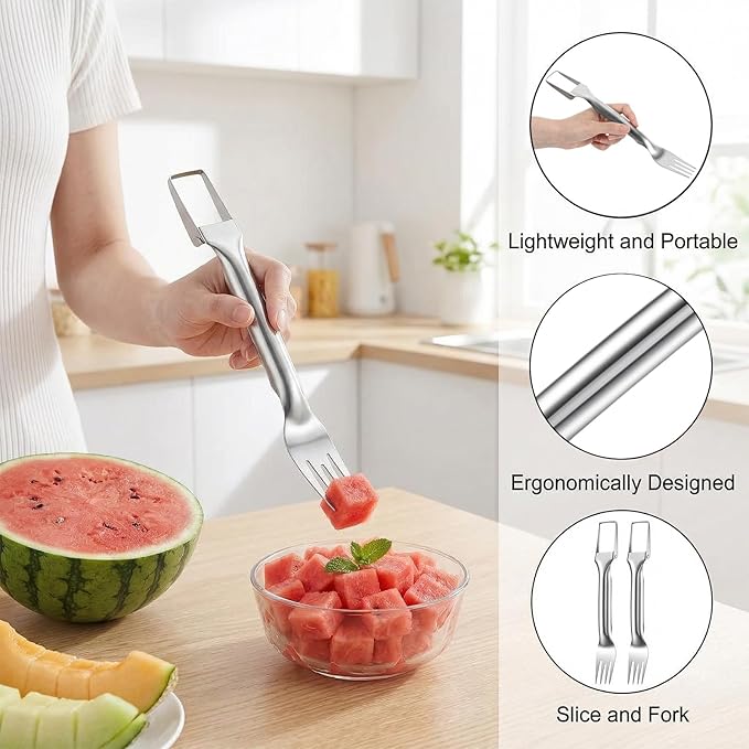 2-in-1 Watermelon Slicer Cutter Tool & Watermelon Scooper, Stainless Steel Fruit Cutter Tool Dual-Head Melon & Mango Slicer Fork for Home, Camping, Parties (2 PCS)