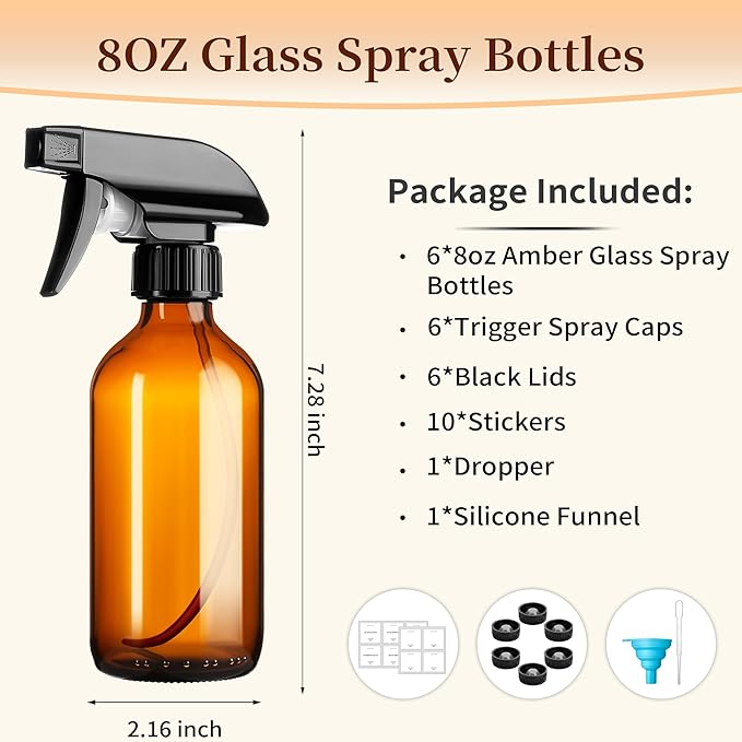 Vitreaux 6 Pack 8oz Amber Glass Spray Bottles,Glass Spray Bottles Refillable Empty Containers with Adjustable Nozzle,Spray Bottle for Essential Oils,Cleaning Solutions,Hair Mister,Pets