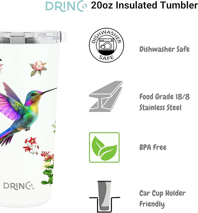 Drinco - 20 oz Stainless Steel Tumbler | Double Walled Vacuum Insulated Mug With Lid, 2 Straws, For Hot & Cold Drinks (20oz Hummingbird)