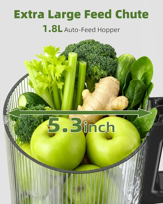 Cold Press Juicer, Auto Feed & Pre-cut, 55 RPM Slow Masticating High Juice Yield Juicer Machines, Easy to Clean, 5.3" Wide Chute, 1.8L Hopper with 2 Cups, Black