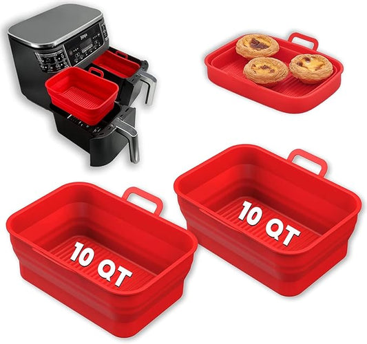 Collapsible 2-Pack Air Fryer Silicone Liners for 10QT NINJA Foodi Dual, Reusable Rectangular Silicone Basket Pot for Air Fryer Accessories (Red)