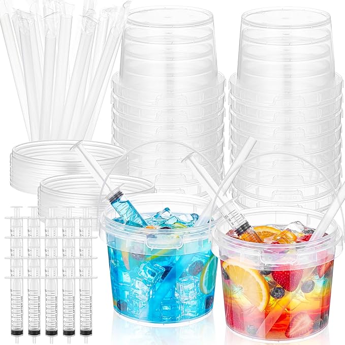 Willinglong 20 Set 16oz Clear Plastic Drink Buckets Rum Buckets for Drink with Straws, Lids and Beverage Syringes Reusable Iced Coffee Cups for Rum Wine Beer Cocktail Beverage Lemonades