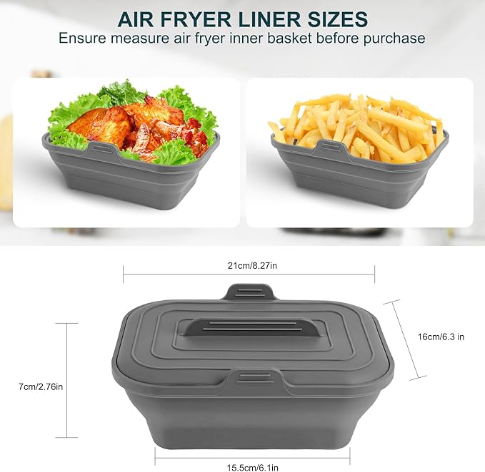 Silicone Air Fryer Liners Collapsible, 8.2 Inch Reusable Air Fryer Liners With lid-Long-lasting Freshness - Easy to Clean Air Fryers Pot for 5.8 to 8 Qt Baking Tray Oven Accessories,Gray