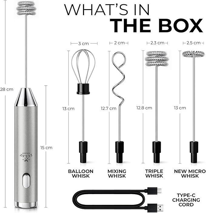 Zulay Kitchen Metal Rechargeable Milk Frother, 3 Whisk Attachments Handheld Frother Wand, 1800mAh USB-C Charging, Electric Drink Mixer for Protein, Matcha & Powders - One Charge Lasts up to 6 Months