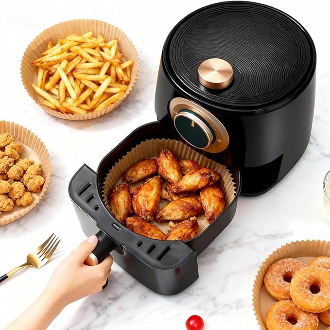 BYKITCHEN 300PCS Disposable Air Fryer Liners for Ninja AF141 5QT Pro AF181 6.5QT, Chefman 6 QT, Cosori 6QT &Other 5 to 8Qt Airfryer, 8 Inch Round Air Fryer Parchment Paper, Airfryer Basket Accessories