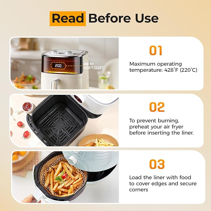 Air Fryer Paper Liners, 200pcs Air Fryer Liners Disposable, 8" Square Baking Paper Liner for 5-8 qt Airfryer Basket, Non-stick and Oil Proof Parchment Paper for Oven, Pans & Baking