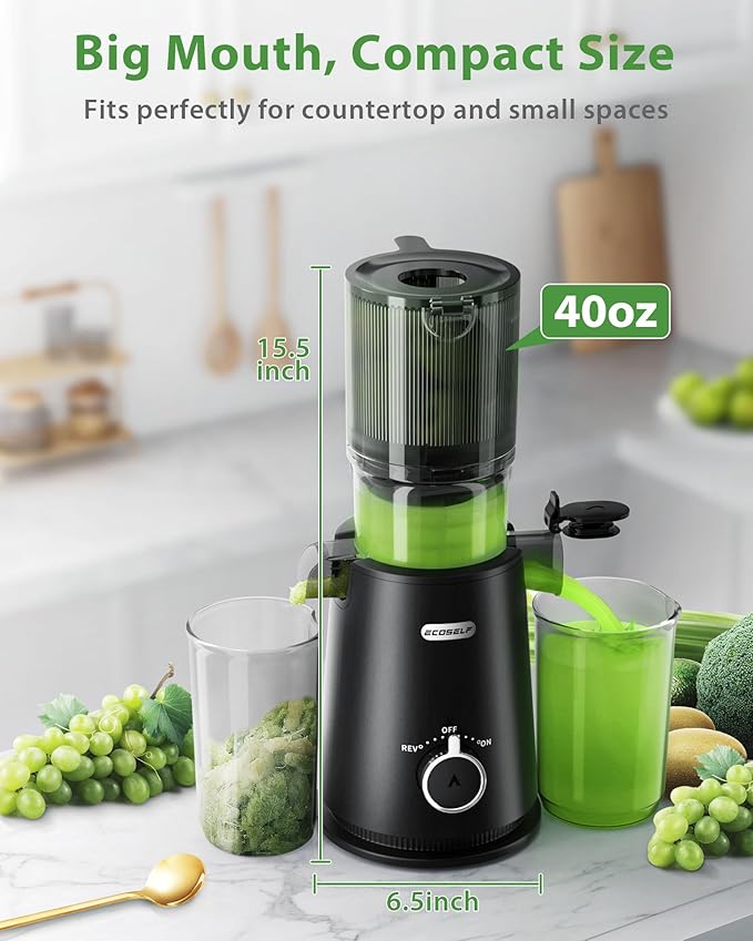 ECOSELF Cold Press Juicer - Large Mouth Hopper For Whole Fruits & Vegetables - Juicer Machines with Hands-Free Design - Slow Masticating Juicers High Juice Yield With Pusher - For Party Gathering