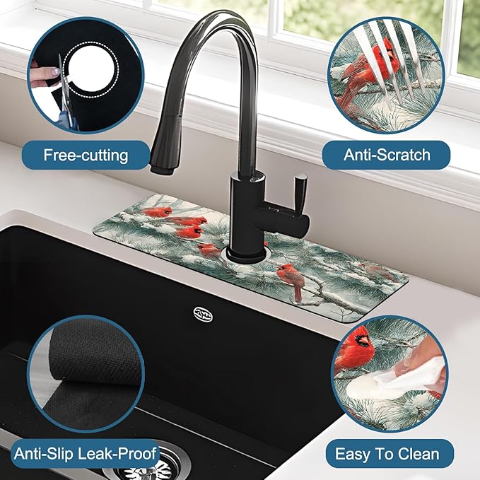 Winter Sink Faucet Absorbing Mat Cardinal Christmas Super Absorbent Fast Drying Mat Sink Gadgets Behind Faucet Sinkmat for Kitchen Bathroom, 15.5"x5.5"