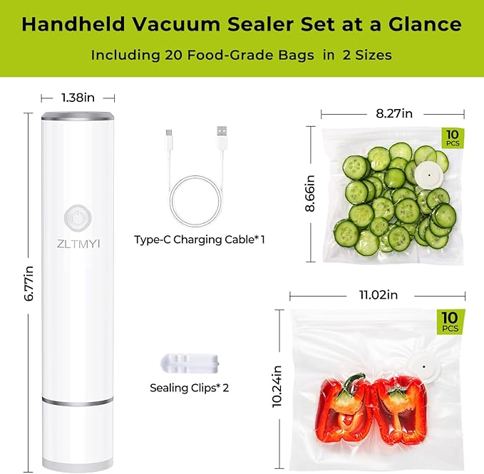 Handheld Vacuum Sealer for Food, 65kPa Portable Vacuum Pump with 20 BPA-Free Reusable Food-Grade Bags, Type-C Rechargeable for Meal Prep, Leftovers, Freezer Storage, Sous Vide & Containers