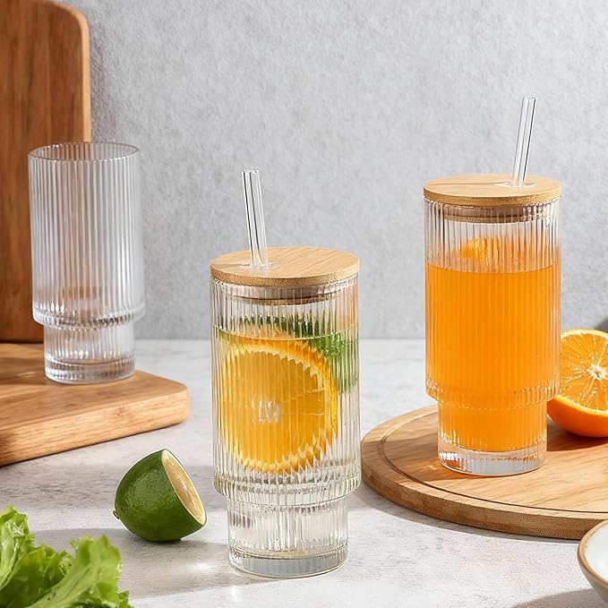 4 Pack Glass Cups with Lids and Straws, 16oz Ribbed Drinking Glasses Tumblers Durable Drinkware Water Glasses Cup Ideal Gift for Home, Kitchen, Office