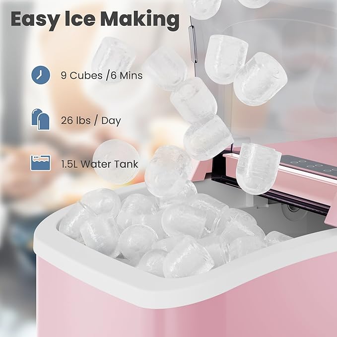 DUMOS Countertop Ice Maker with Handle, 26lbs/24H Portable Ice Machine, 9 Bullet Ice Cubes Ready in 6 Mins, Self-Cleaning, Quiet Compact Ice Maker for Home, Kitchen, RV, Camping, Pink
