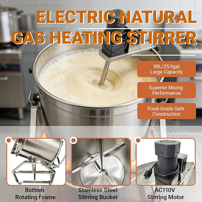 Commercial Sauce Mixer & Hot Pot Base Stir Fry Pan 98L/25.9gal Automatic Stirring Cooker, Natural Gas & Electric Stirring SUS304 Stainless Steel for Restaurant Kitchen Food Processing 110V