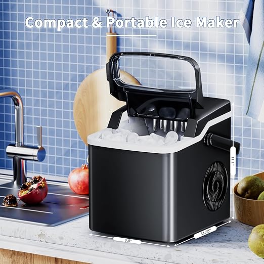 Ice Maker Countertop, Portable Ice Maker Machine, 26.5Lbs/24H, 9Pcs/6Mins, 2 Sizes of Bullet Ice, Self-Cleaning, Basket and Scoop, Ideal for Home/Office/Outdoor Use, Black