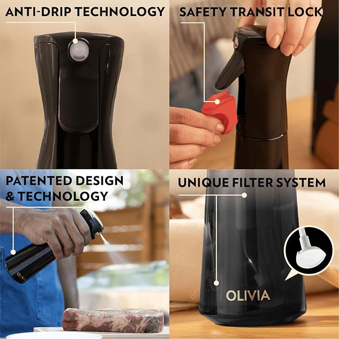 OLIVIA SIGNATURE The Original Advanced Kitchen Olive Oil Sprayer for Cooking, Flairosol Continuous Mist Dispenser with Portion Control, Reusable Glass Spray Bottle, Anti-Drip & Leakproof, Black 200 ml