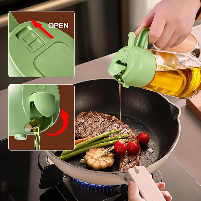Glass Olive Oil Sprayer 16oz/470ml – 2 in 1 Oil Dispenser for Kitchen Appliances, Cooking Spray Bottle for Salad (Green), Frying, BBQ, Grilling | Premium Kitchen Gadgets & Accessories