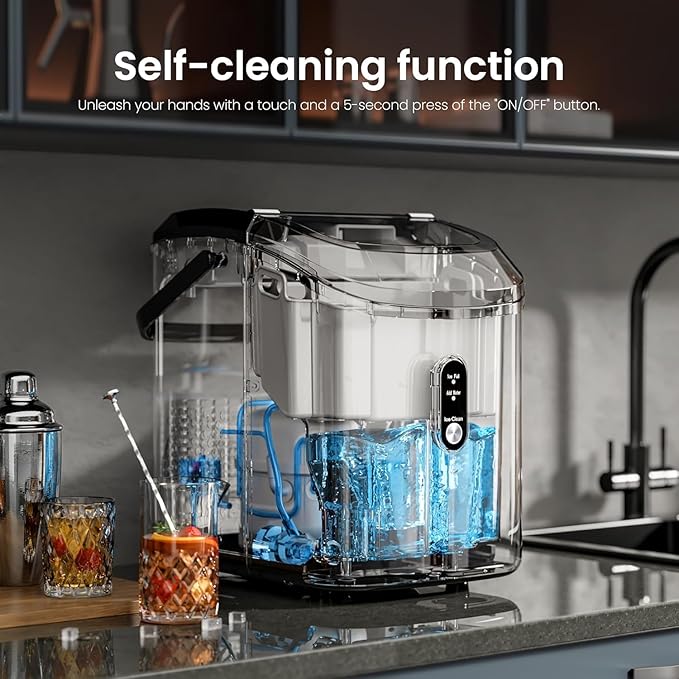 Kismile Nugget Ice Makers Countertop,35Lbs/24H,Portable Sonic Ice Machine with Self-Cleaning,One-Click Operation for Home/Office(Stainless Steels Black)