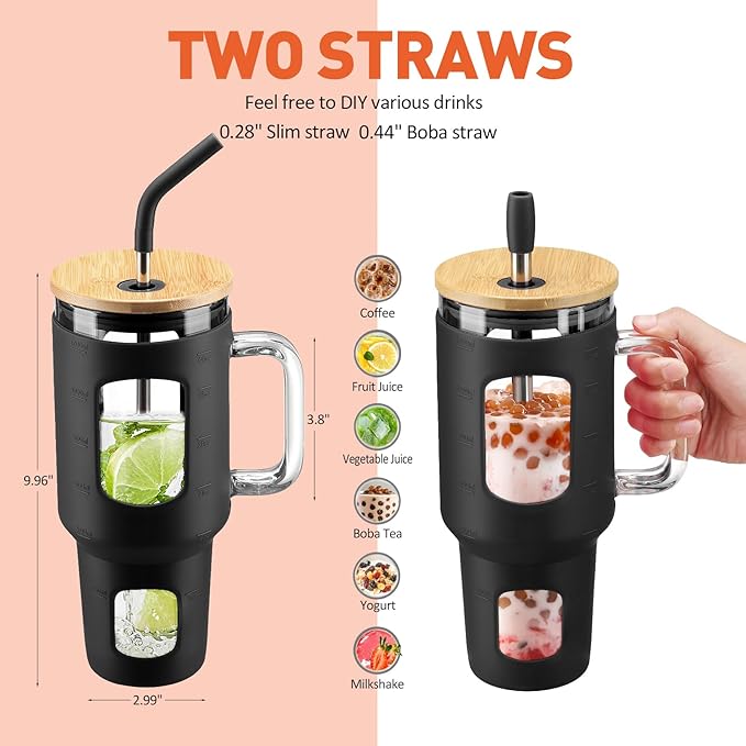 WINSA Glass Tumbler with Straw and Lid, 40 oz glass cup with handle, Glass Water Bottles with Time Marker, Silicone Protective Sleeve-Black