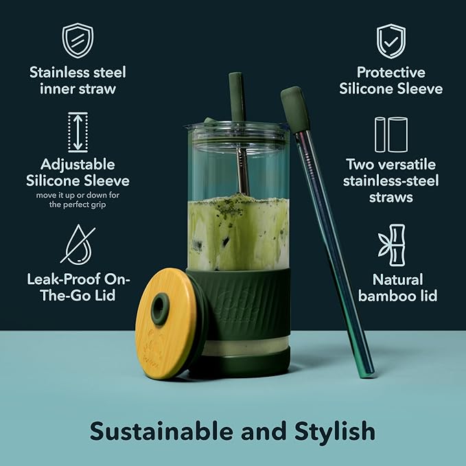 Pandaloo® Glass Cups With Lids and Straws -20 Fl Oz- Perfect Size Iced Coffee Cup - Smoothie Cup With Bamboo Lid and On the go Lid - Glass Tumbler With Straw (1 Count (Pack of 1), Autumn Gold)