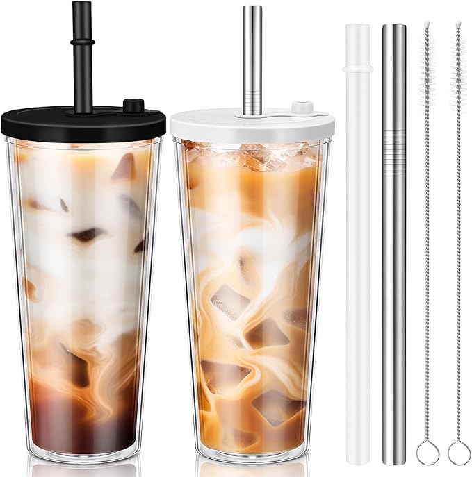 Honeydak 2 Pack 24 oz Reusable Iced Coffee Cups with Lids and Straws Leakproof Double Wall Insulated Clear Plastic Iced Coffee Tumblers with Straw Brushes
