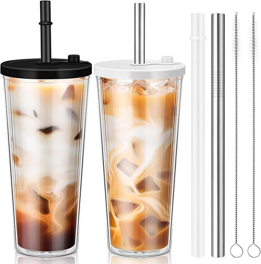Honeydak 2 Pack 24 oz Reusable Iced Coffee Cups with Lids and Straws Leakproof Double Wall Insulated Clear Plastic Iced Coffee Tumblers with Straw Brushes