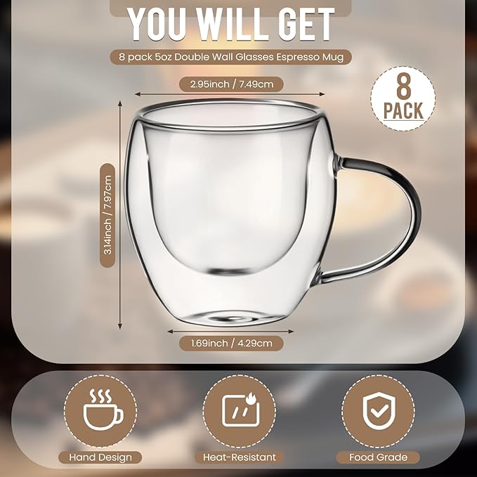 8 Pack Espresso Cups Double Wall 5oz Hand Blown Glass Coffee Mugs Clear Insulated Glass Coffee Shots Cups with Handle for Espresso Machine, Cappuccino, Latte, Tea