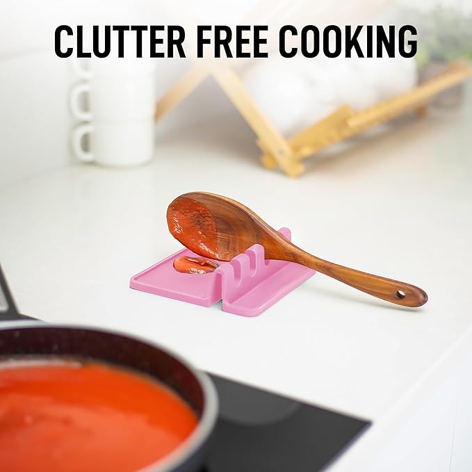 Zulay Kitchen Silicone Utensil Rest with Drip Pad for Multiple Utensils - BPA-Free, Heat-Resistant Spoon Rest & Spoon Holder for Stove Top - Kitchen Utensil Holder for Ladles & Tongs - Pink