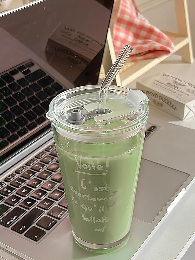 Olvini 15oz Glass Tumbler with Straw and Lid, Cute Iced Coffee Cups, Aesthetic Glass Cups, Coffee Tumbler, Water Cup, Matcha Cup, Drinking Glasses (The Perfect Match)