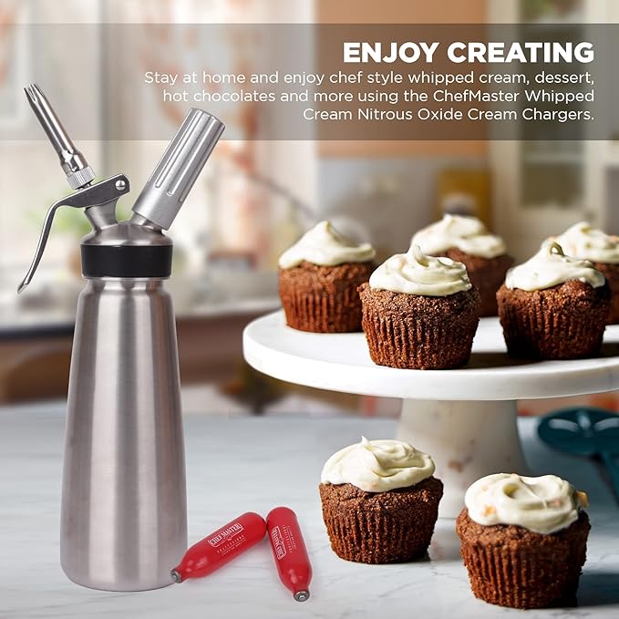 Chef Master 10 Pack N20 Whipped Cream Chargers - 8g Professional Nitrous Oxide Cartridges - Premium Whip Cream Charger Cartridge - Made in EU - Food-Safe Steel & Universal Fit for Dispensers - 90060