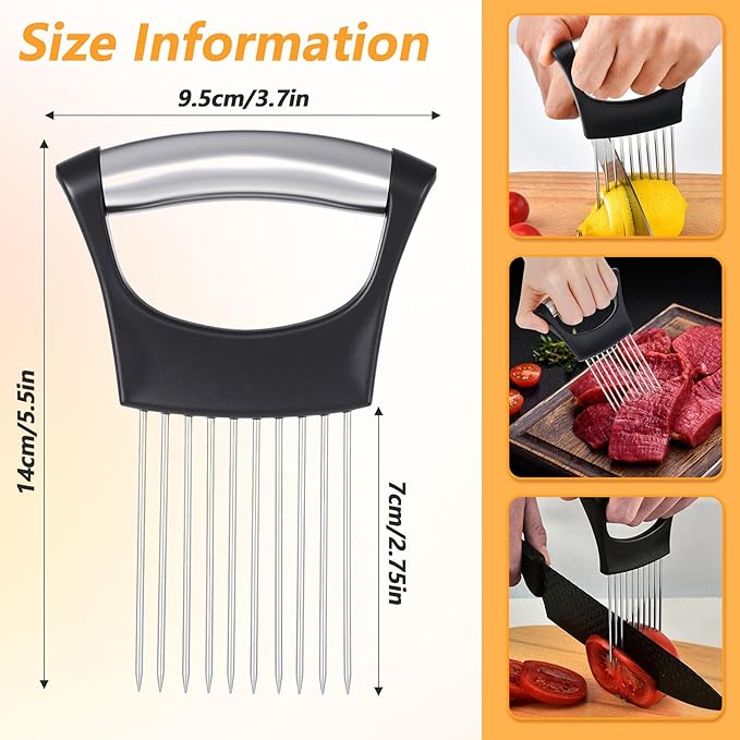 Large Onion Slice Holder Stainless Steel Onion Chopper Vegetable Cutter, Multi-use Kitchen Slicer Tool with 10 Long Needles, Food Slicing Assistant for Meat, Tomato, Potato, Lemon