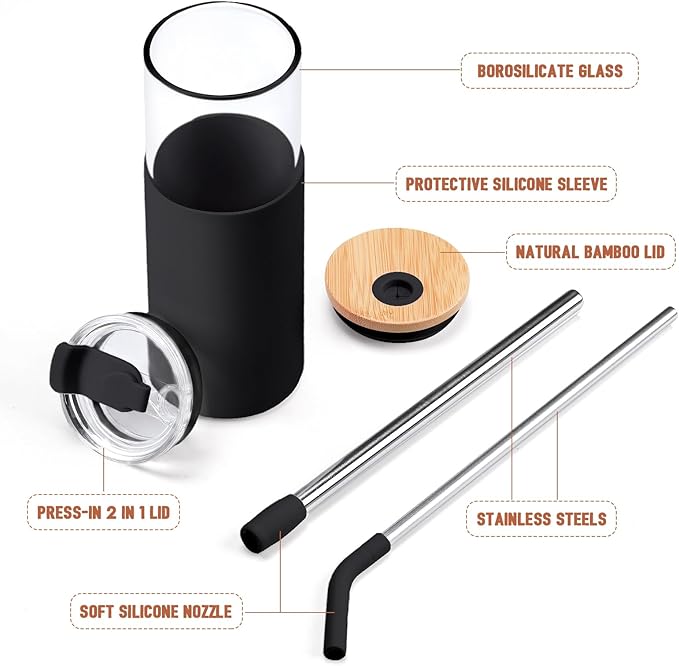 Kodrine 24oz Glass Tumbler with Lids and Straws|Bamboo & On the go Lid|Reusable Ice Coffee Cup with Silicone Sleeve, Glass Coffee Tumbler for Smoothie/Matcha, Dishwasher & BPA Free-Black