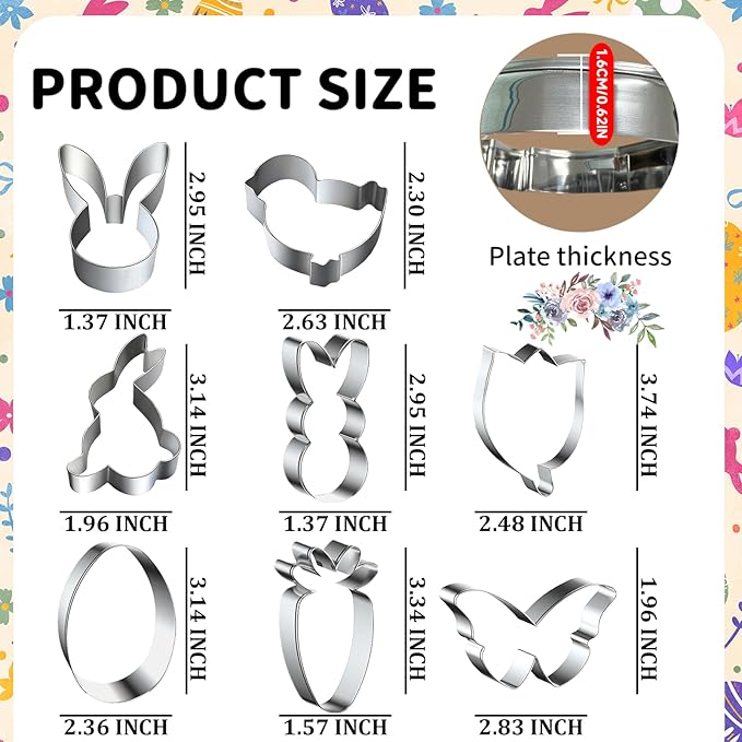 Easter Cookie Cutters Bunny Carrot Tulip Butterfly Chick Egg Biscuit for Kids DIY Lunchbox Bento Box Fruit Vegetable Sandwich Cutters for Children Boys Girls, Pack of 8