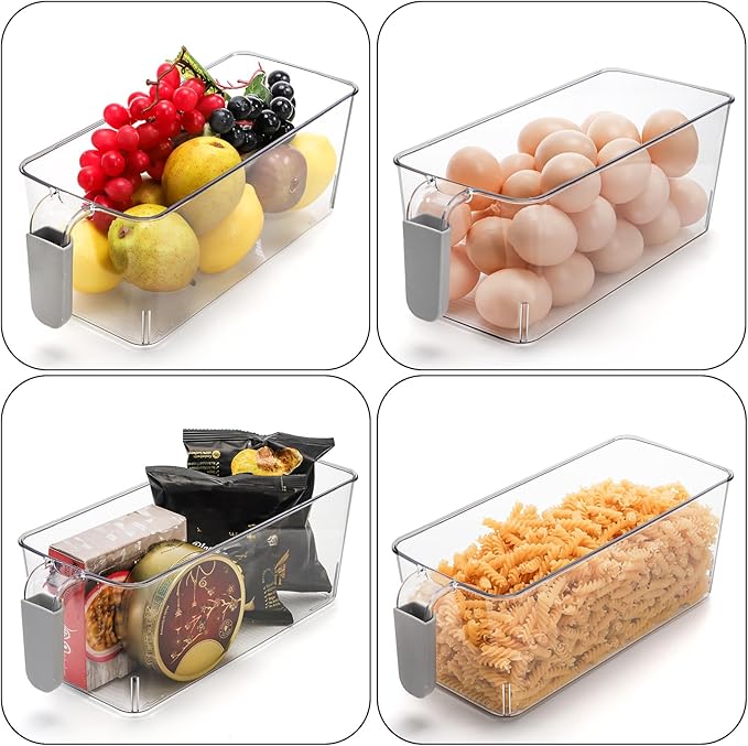 Pumtus 4 Pack Clear Ice Bins for Freezer, Plastic Ice Bucket with Flexible Scoop & Ice Tong, Pull Out Handle Ice Container, Kitchen Food Storage Organizer, Pantry Canister for Wine Beverage Fruit