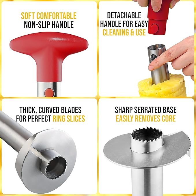 Zulay Kitchen Stainless Steel Pineapple Corer & Slicer – Heavy Duty Pineapple Cutter & Eye Removal Tool – Effortless Core Remover Tool with Sharp Reinforced Blade & Ergonomic Handle - Red