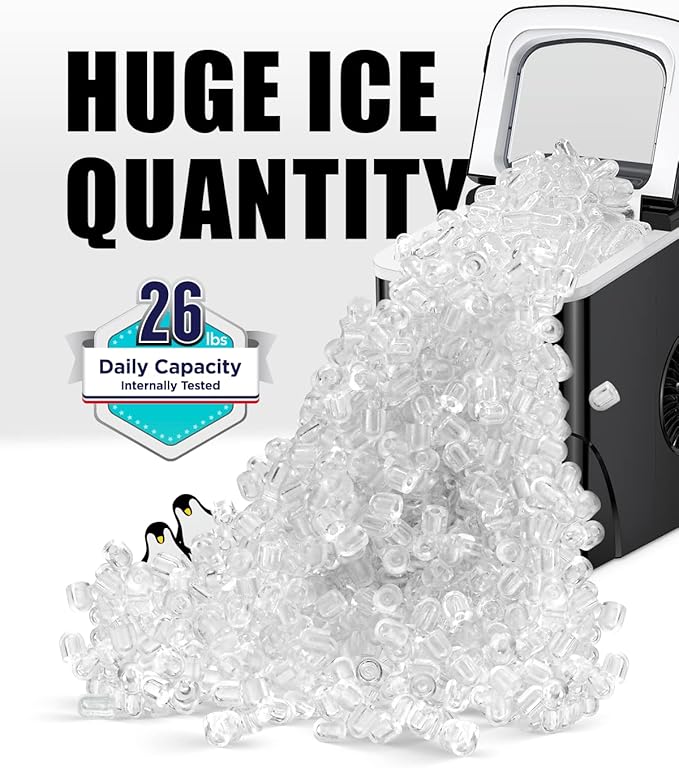 Ice Maker Machine for Countertop, 9 Bullet Ice Cubes Ready in 6 Minutes, 26lbs in 24Hrs Portable Ice Maker Machine Self-Cleaning, 2 Sizes of Bullet-Shaped Ice for Home Kitchen Office Bar Party