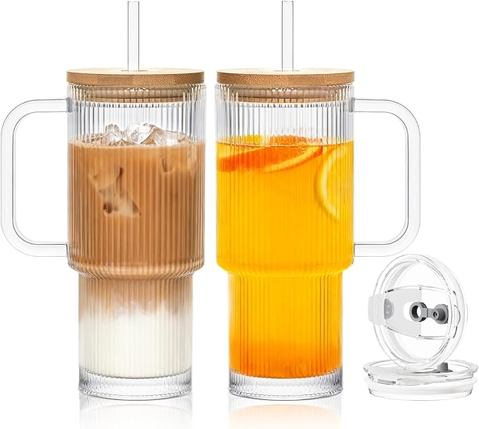 SoulTimes 24oz Ribbed Glass Tumbler with Handle and Bamboo Lid, Set of 2 Glass Cups with Lids and Straws for Coffee, Tea, Juice and Smoothies, Reusable Iced Coffee Cups Includes 2 Sealed Plastic Lids