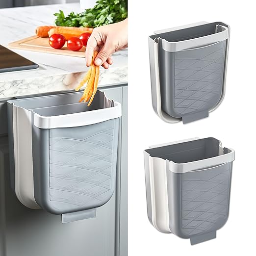 Hakan Hanging Foldable Trash Can for Kitchen Cabinet Door | Collapsible Narrow Waste Bin | Compact Travel Trash Can | Space Saving 6 L Plastic Garbage Bin Under Sink | 1.5 Gallon Waste Basket, Gray