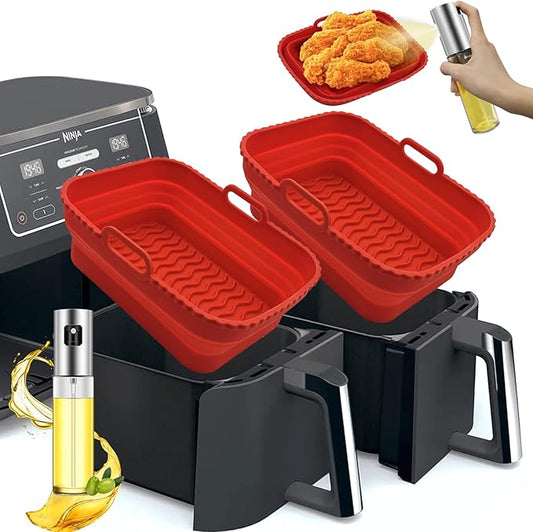 Daily Treasures 2 Pack Foldable Air Fryer Liners for Air Fryer Dual with 1Pack Oil Sprayer Dispenser, Air Fryer Accessories Reusable Air Fryer Silicone Liner for Dual Air Fryer(Red)