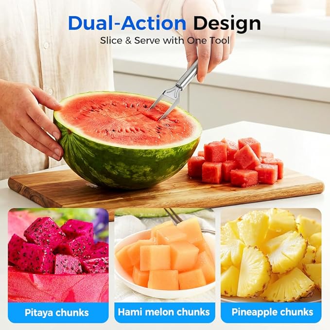 2 in 1 Stainless Steel Fruit Cutter, 2026 New Upgrade Dual Head Fruit Slicer and Fork, Hand Crank Watermelon Cutter for Pineapple Melon, Easy Clean Kitchen Gadget (2PCS)