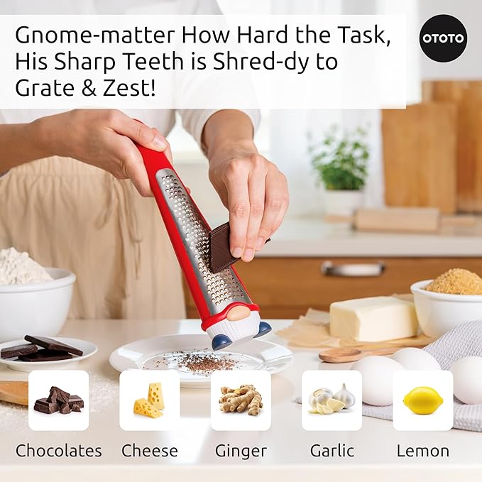 OTOTO Grater - Stainless Steel, BPA Free, Dishwasher Safe, Fun Kitchen Gadget, Vegetable Shredder, Cute Kitchen Gifts & Accessories (Pepito Gnome Grater, Red)