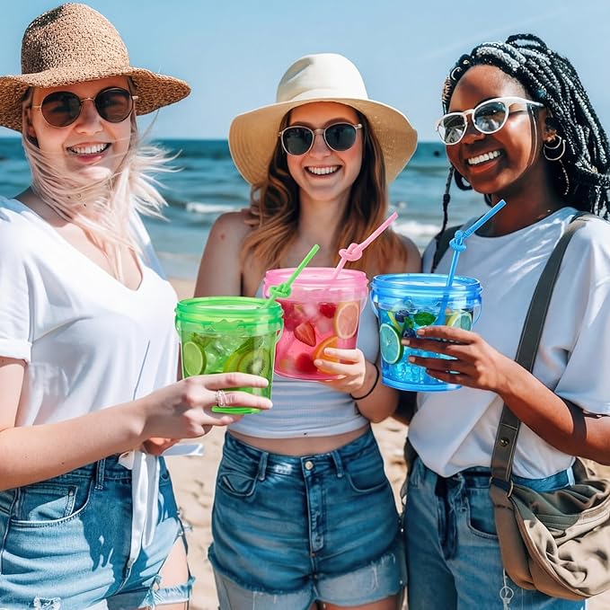 Funnymoom 36 Pack 25 oz Plastic Rum Buckets Bulks for Drinks with Straws Reusable Ice Cream Cocktail Cups Neon Party Bucket with Lids Handles Food Containers Cup for Summer Beach Bar Beer