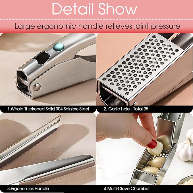 Garlic Press Heavy Duty Mincer and Peeler Set, Rust Proof 304 Stainless Steel Garlic Crusher, Easy-Squeeze Nut Ginger Chopper, Dishwasher Safe Kitchen Gadget