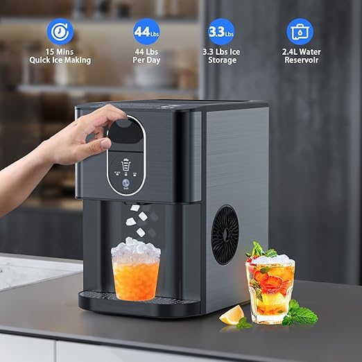 Kndko Nugget Ice Makers Countertop, 44lbs/24H Pebble Ice Machine with Self-Cleaning Dispenser, Soft Chewable Pellet Ice, 3.3lbs Storage for Home/Kitchen/Office/Party, Black