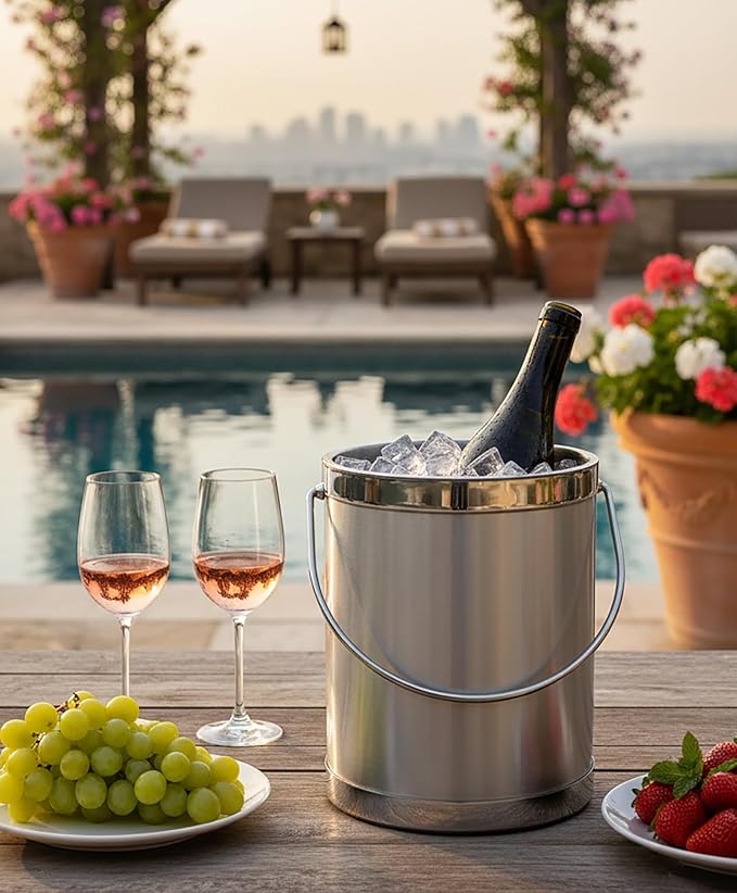 Made In USA Metallic Deco Collection Double Walled Insulated Ice Bucket With Ice Tongs (5-Quart, Silver)