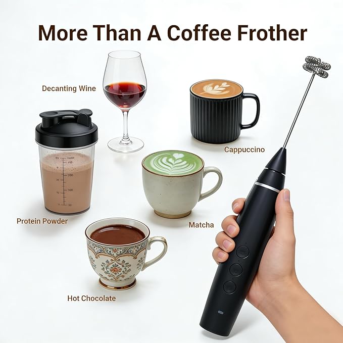 3-in-1 Electric Milk Frother with 3 Stainless Steel Whisks, USB Rechargeable Handheld Foam Maker with Charging Stand, 3 Speed Coffee Frother for Latte, Cappuccino, Hot Chocolate