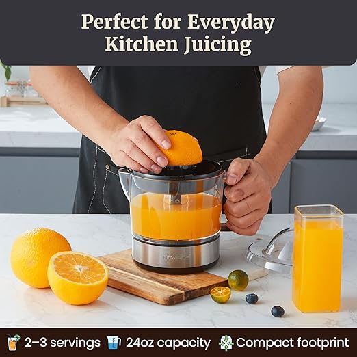 Elite Gourmet ETS326 BPA-Free 40-Watt Electric Citrus Juicer, Compact, Large Volume, Pulp Control, Oranges, Lemons, Limes, Grapefruits with Easy Pour Spout, 24oz, Black/Stainless Steel