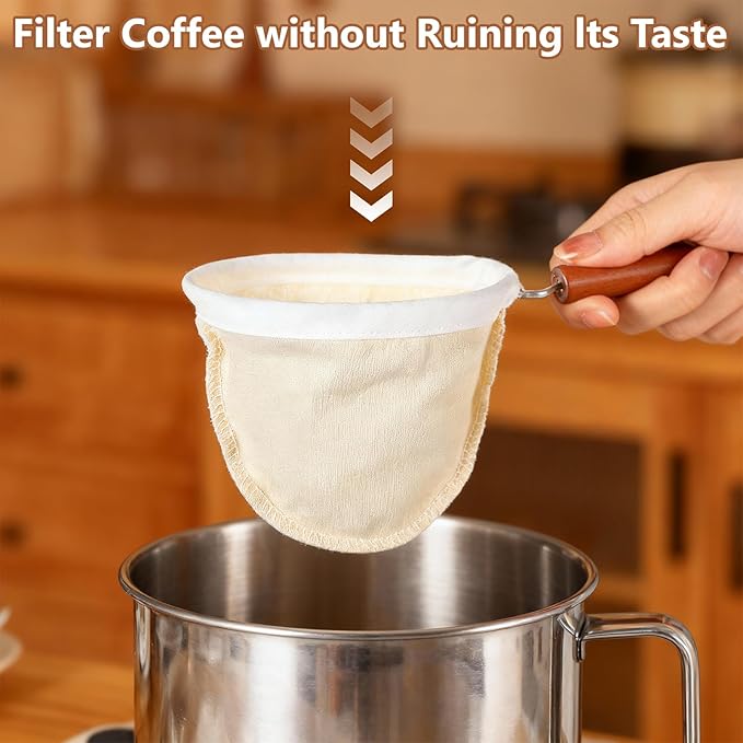 Flannel Cloth Coffee Filter with Wooden Handle, Reusable Handmade Coffee Filter, Washable Coffees Sock Strainer for Coffees Lover Home Café Use